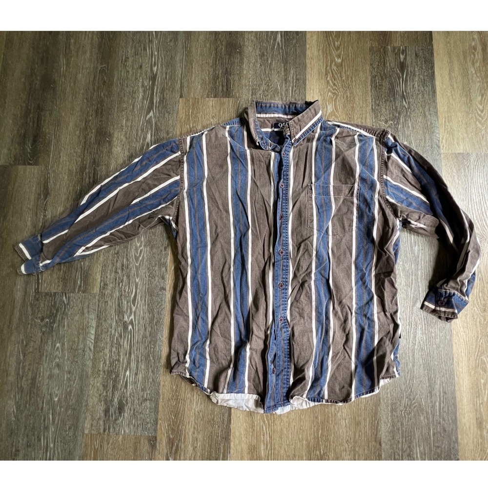 955 Originals Button Down Shirt Mens XL Brown Blue Striped Cotton Long Sleeve